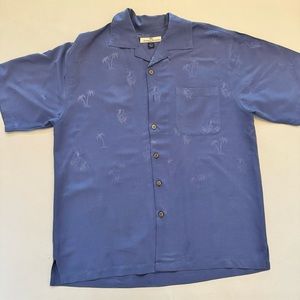 Tommy Bahama 100% SILK Blue Hula Girl Palm Tree Print Button Up Relax Fit B7/6